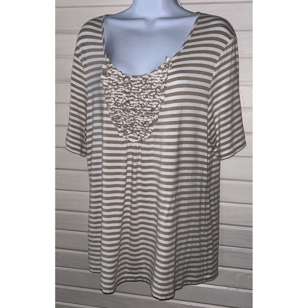 Chicos Sz 2 (LARGE) Khaki White Striped Ruffles Bib Rayon Stretch Tee Tunic EUC